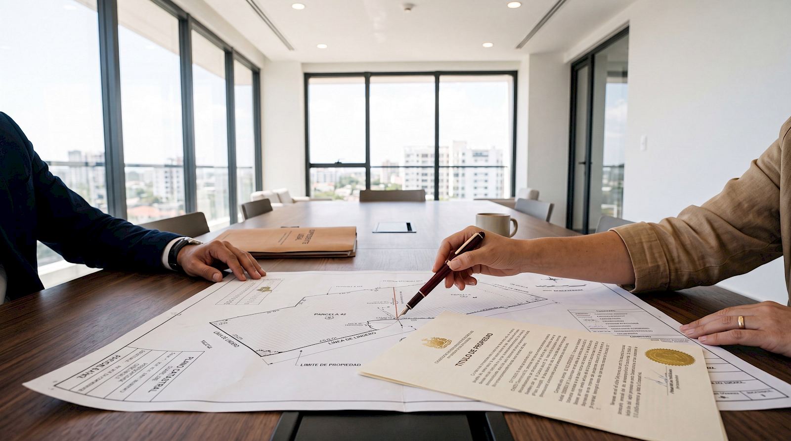 Desarrollo inmobiliario visto desde el aire con planos digitales superpuestos