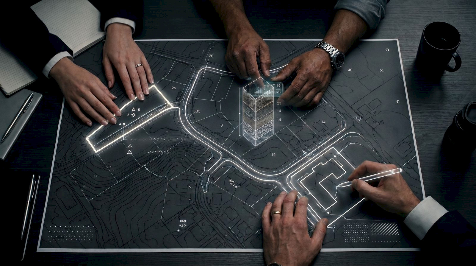 Equipo revisando un plano catastral digital sobre una mesa